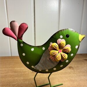 Green Polka-Dot Metal Bird Figurine with Pink Flower Accent